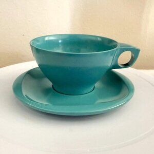 Vintage Boontonware Teal Tea Cup and Saucer Set Mid Century Modern Melamine USA